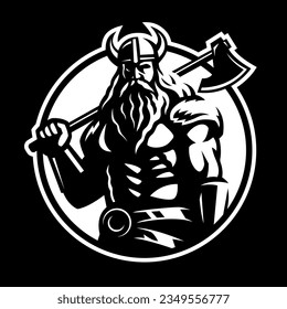 Viking warrior with an axe on a dark background.