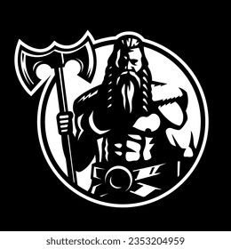 Viking warrior with an axe on a dark background.