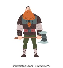 Viking Warrior mit Ax, Red Scandinavian Mythology Character in Traditional Outfit Cartoon Style Vektorgrafik