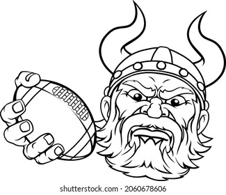 A viking warrior or barbarian American football sports mascot cartoon character holding a ball