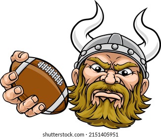 A viking warrior or barbarian American football sports mascot cartoon character holding a ball