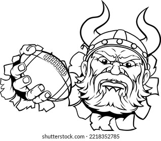 A viking warrior or barbarian American football sports mascot cartoon character holding a ball