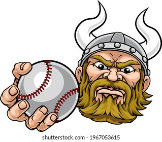 A viking warrior or barbarian baseball sports mascot cartoon character holding a ball 