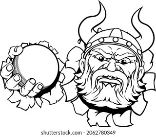 A viking warrior or barbarian cricket sports mascot cartoon character holding a ball 