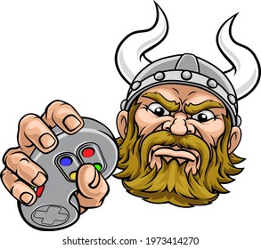 A viking warrior or barbarian gamer mascot holding video game controller playing games cartoon character
