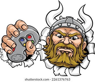 A viking warrior or barbarian gamer mascot holding video game controller playing games cartoon character