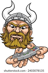 A viking warrior or barbarian gamer mascot holding video game controller playing games cartoon character