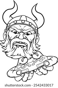 A viking warrior or barbarian gamer mascot holding video game controller playing games cartoon character