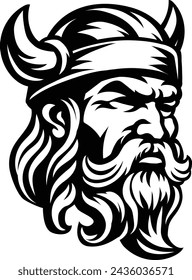 A Viking warrior or barbarian gladiator man mascot face looking strong wearing a helmet. In a retro vintage woodcut style.