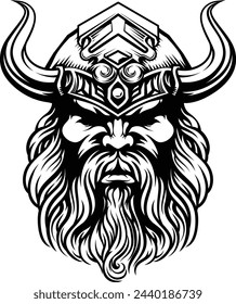 A Viking warrior or barbarian gladiator man mascot face looking strong wearing a helmet. In a retro vintage woodcut style.