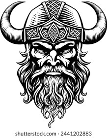 A Viking warrior or barbarian gladiator man mascot face looking strong wearing a helmet. In a retro vintage woodcut style.