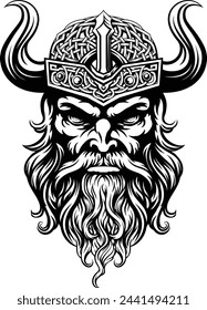 A Viking warrior or barbarian gladiator man mascot face looking strong wearing a helmet. In a retro vintage woodcut style.