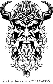 A Viking warrior or barbarian gladiator man mascot face looking strong wearing a helmet. In a retro vintage woodcut style.