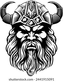 A Viking warrior or barbarian gladiator man mascot face looking strong wearing a helmet. In a retro vintage woodcut style.