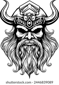 A Viking warrior or barbarian gladiator man mascot face looking strong wearing a helmet. In a retro vintage woodcut style.