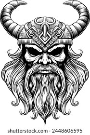 A Viking warrior or barbarian gladiator man mascot face looking strong wearing a helmet. In a retro vintage woodcut style.