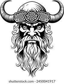 A Viking warrior or barbarian gladiator man mascot face looking strong wearing a helmet. In a retro vintage woodcut style.