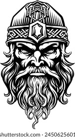 A Viking warrior or barbarian gladiator man mascot face looking strong wearing a helmet. In a retro vintage woodcut style.