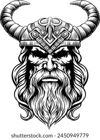 A Viking warrior or barbarian gladiator man mascot face looking strong wearing a helmet. In a retro vintage woodcut style.