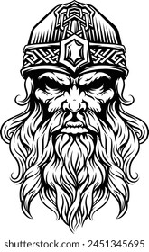 A Viking warrior or barbarian gladiator man mascot face looking strong wearing a helmet. In a retro vintage woodcut style.