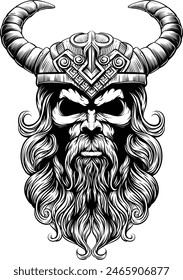 A Viking warrior or barbarian gladiator man mascot face looking strong wearing a helmet. In a retro vintage woodcut style.