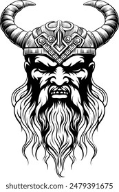 A Viking warrior or barbarian gladiator man mascot face looking strong wearing a helmet. In a retro vintage woodcut style.