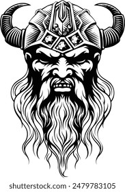 A Viking warrior or barbarian gladiator man mascot face looking strong wearing a helmet. In a retro vintage woodcut style.