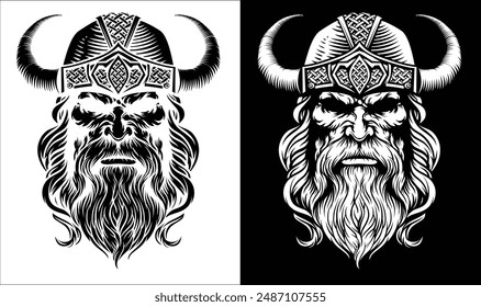 A Viking warrior or barbarian gladiator man mascot face looking strong wearing a helmet. In a retro vintage woodcut style.