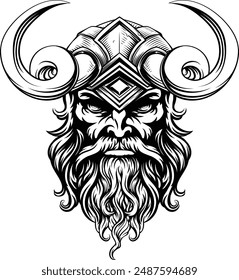 A Viking warrior or barbarian gladiator man mascot face looking strong wearing a helmet. In a retro vintage woodcut style.