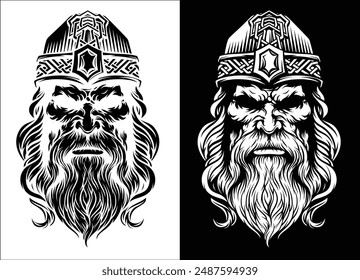 A Viking warrior or barbarian gladiator man mascot face looking strong wearing a helmet. In a retro vintage woodcut style.