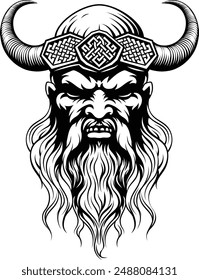 A Viking warrior or barbarian gladiator man mascot face looking strong wearing a helmet. In a retro vintage woodcut style.