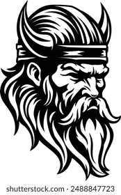 A Viking warrior or barbarian gladiator man mascot face looking strong wearing a helmet. In a retro vintage woodcut style.