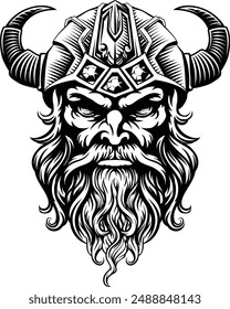 A Viking warrior or barbarian gladiator man mascot face looking strong wearing a helmet. In a retro vintage woodcut style.