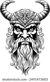 A Viking warrior or barbarian gladiator man mascot face looking strong wearing a helmet. In a retro vintage woodcut style.