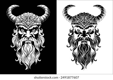 A Viking warrior or barbarian gladiator man mascot face looking strong wearing a helmet. In a retro vintage woodcut style.