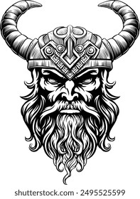 A Viking warrior or barbarian gladiator man mascot face looking strong wearing a helmet. In a retro vintage woodcut style.