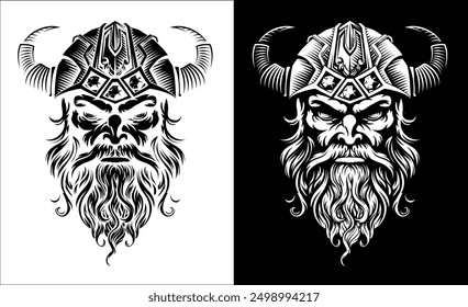 A Viking warrior or barbarian gladiator man mascot face looking strong wearing a helmet. In a retro vintage woodcut style.