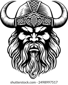 A Viking warrior or barbarian gladiator man mascot face looking strong wearing a helmet. In a retro vintage woodcut style.