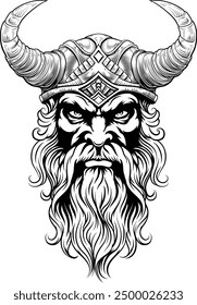 A Viking warrior or barbarian gladiator man mascot face looking strong wearing a helmet. In a retro vintage woodcut style.