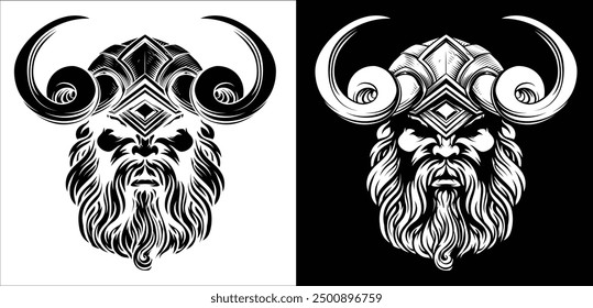 A Viking warrior or barbarian gladiator man mascot face looking strong wearing a helmet. In a retro vintage woodcut style.