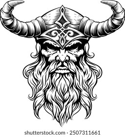 A Viking warrior or barbarian gladiator man mascot face looking strong wearing a helmet. In a retro vintage woodcut style.