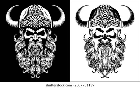 A Viking warrior or barbarian gladiator man mascot face looking strong wearing a helmet. In a retro vintage woodcut style.