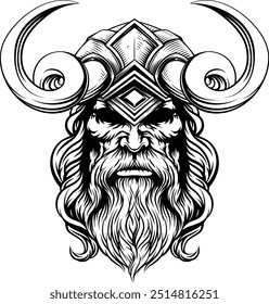 A Viking warrior or barbarian gladiator man mascot face looking strong wearing a helmet. In a retro vintage woodcut style.