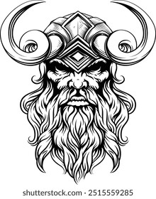 A Viking warrior or barbarian gladiator man mascot face looking strong wearing a helmet. In a retro vintage woodcut style.