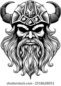 A Viking warrior or barbarian gladiator man mascot face looking strong wearing a helmet. In a retro vintage woodcut style.