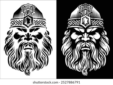 A Viking warrior or barbarian gladiator man mascot face looking strong wearing a helmet. In a retro vintage woodcut style.