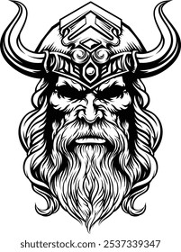 A Viking warrior or barbarian gladiator man mascot face looking strong wearing a helmet. In a retro vintage woodcut style.