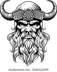 A Viking warrior or barbarian gladiator man mascot face looking strong wearing a helmet. In a retro vintage woodcut style.