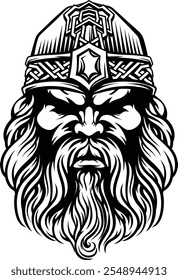 A Viking warrior or barbarian gladiator man mascot face looking strong wearing a helmet. In a retro vintage woodcut style.