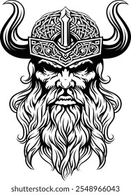 A Viking warrior or barbarian gladiator man mascot face looking strong wearing a helmet. In a retro vintage woodcut style.